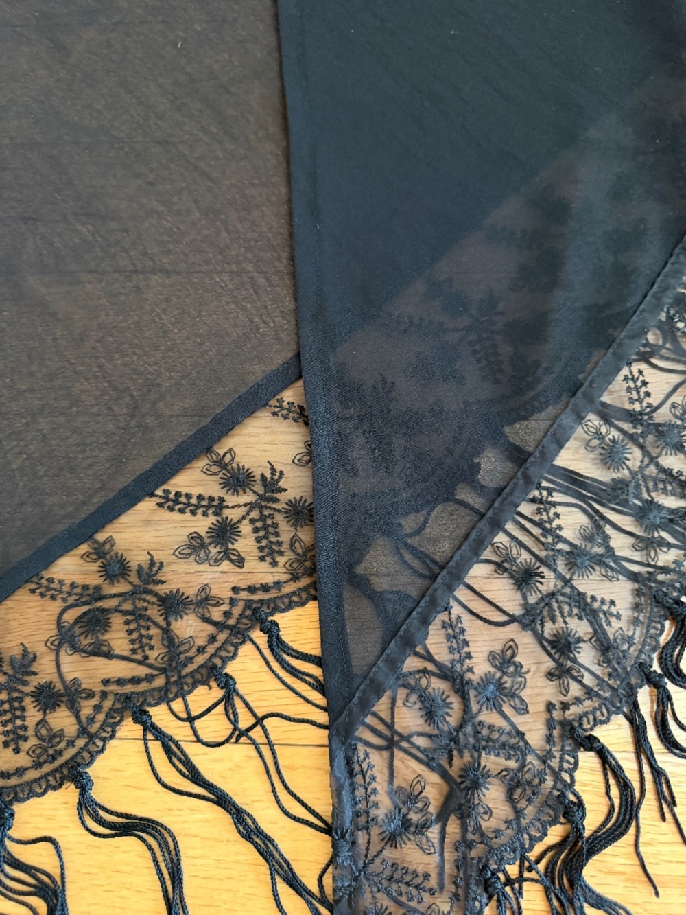 Black Dressy Shawl Wrap with Fringe and Lace Semi Sheer - Picture 4 of 9